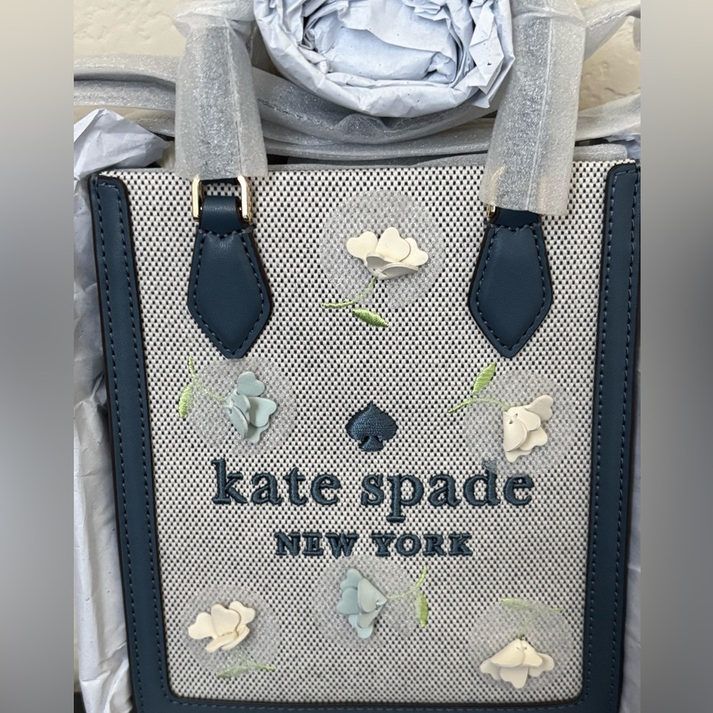 kate spade Small Tote in Light Blue and White with Floral Appliqué - Picture 4 of 5